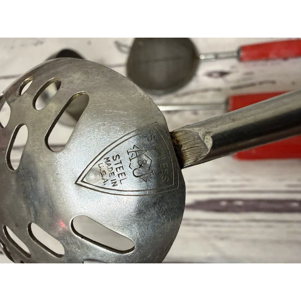Vintage lot of 4 Kitchen Utensil Red Handle Strainer Ladle Spoon Meat Fork